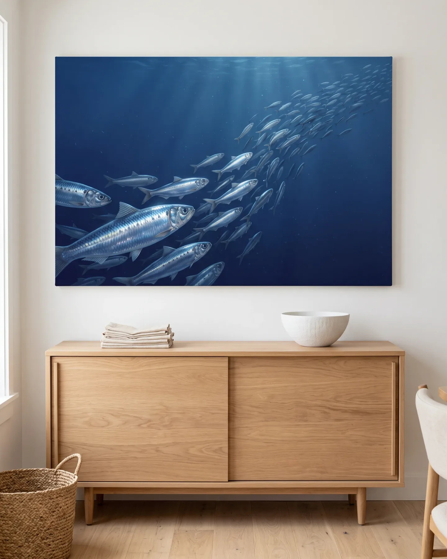 Leinwandbild – Silberne Fischschwarm in tiefblauem Wasser