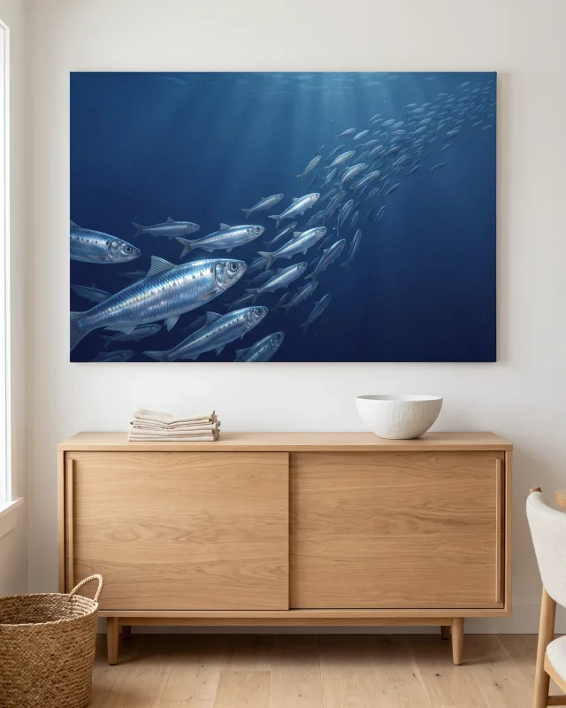 Leinwandbild – Silberne Fischschwarm in tiefblauem Wasser