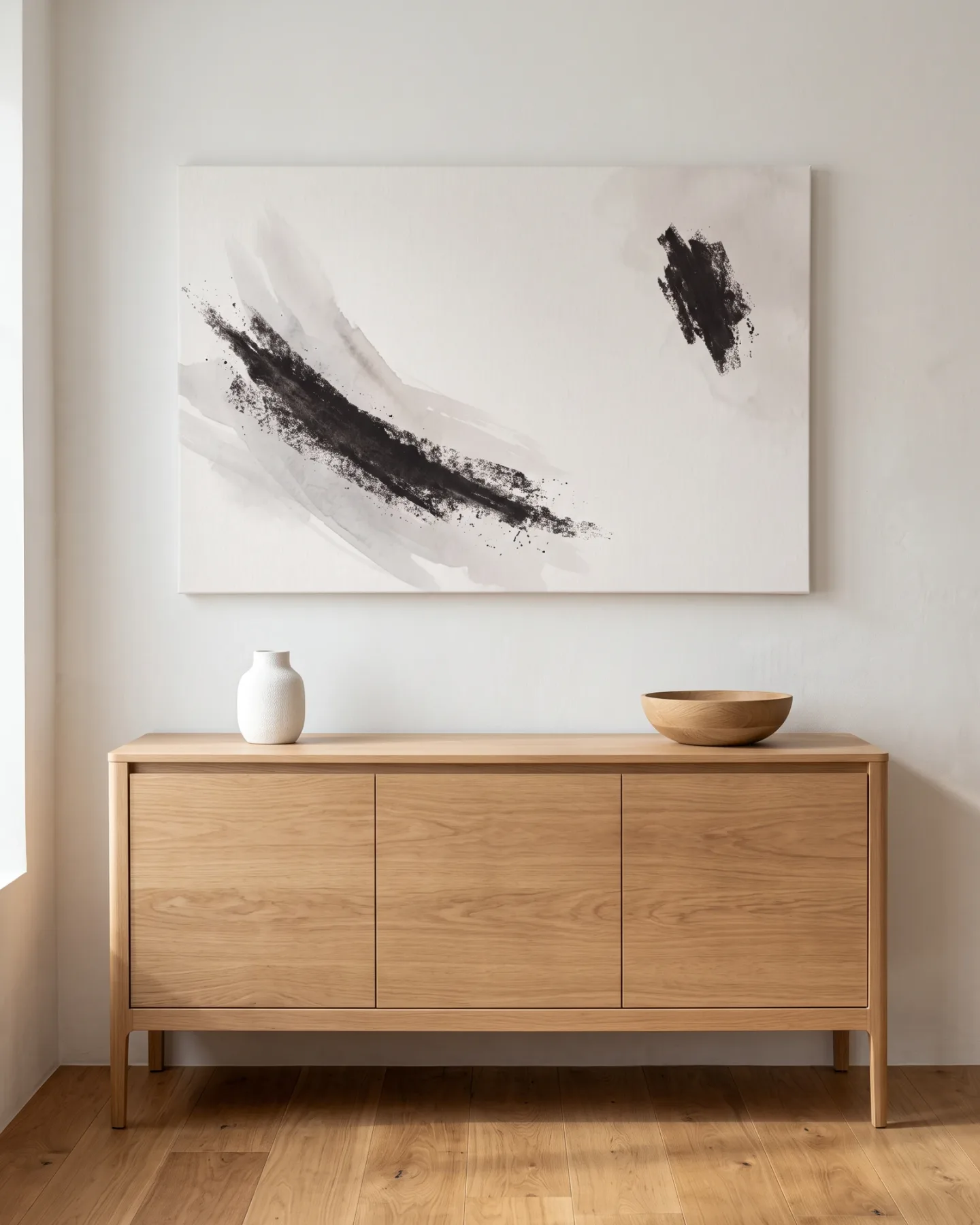 Leinwandbild – Abstrakte Pinselstriche in Schwarz und Beige