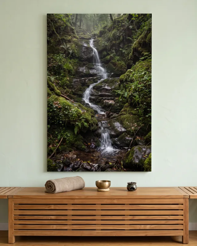 Leinwandbild – Kleiner Waldwasserfall mit felsigem Becken
