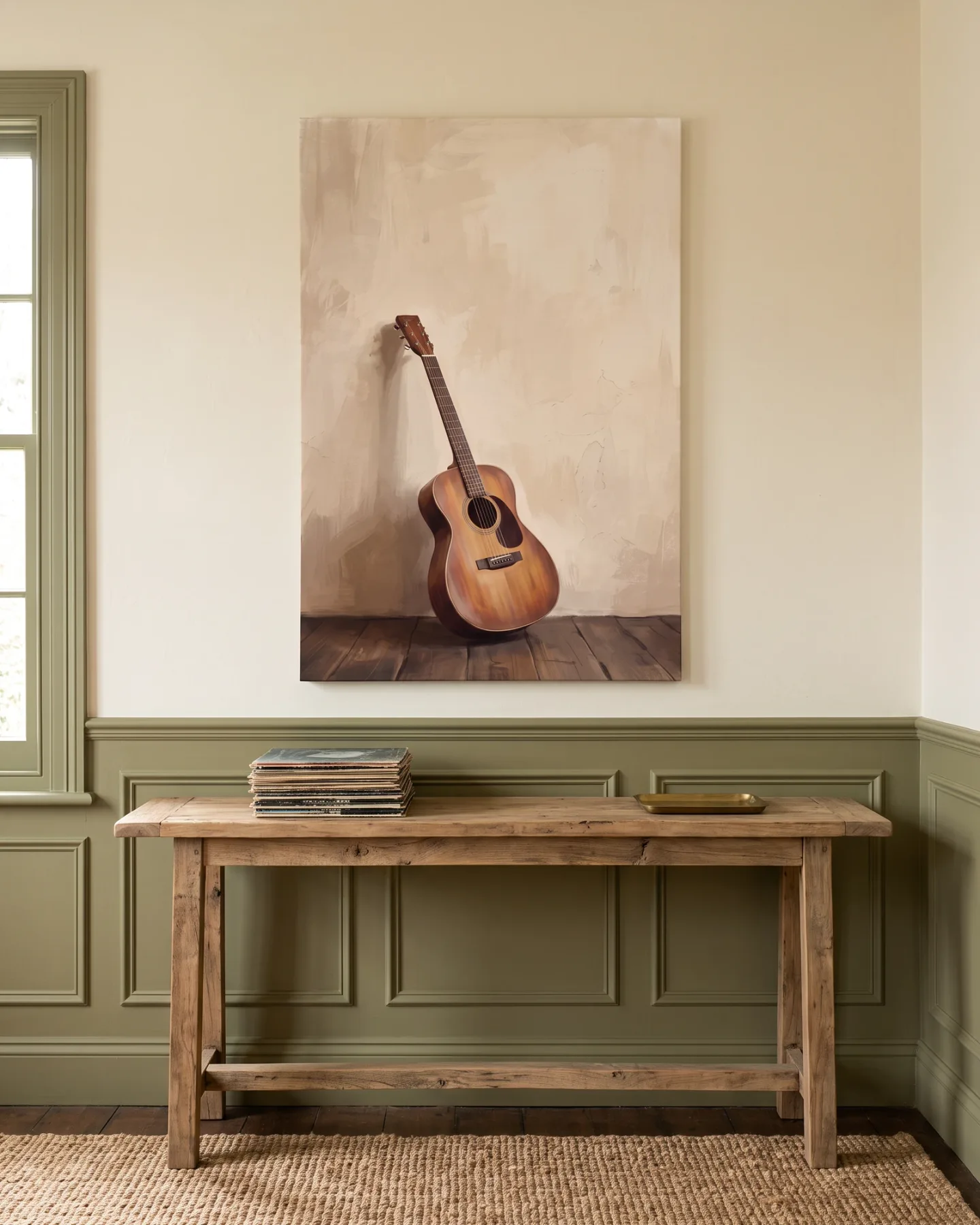Leinwandbild – Honigfarbene Gitarre an heller Wand