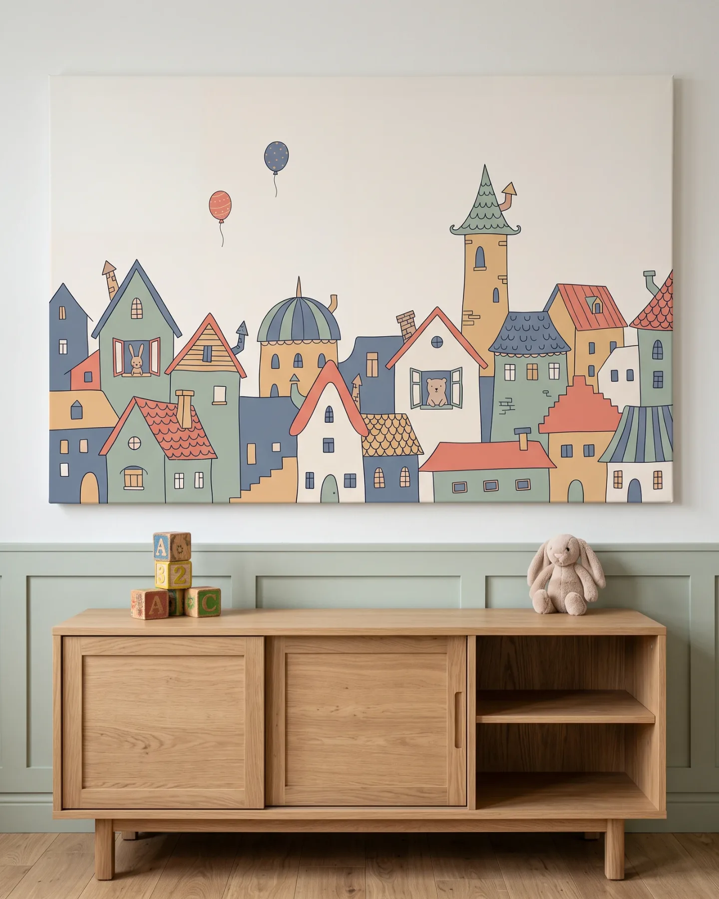 Leinwandbild – Verspielte Häuserstadt mit Luftballons