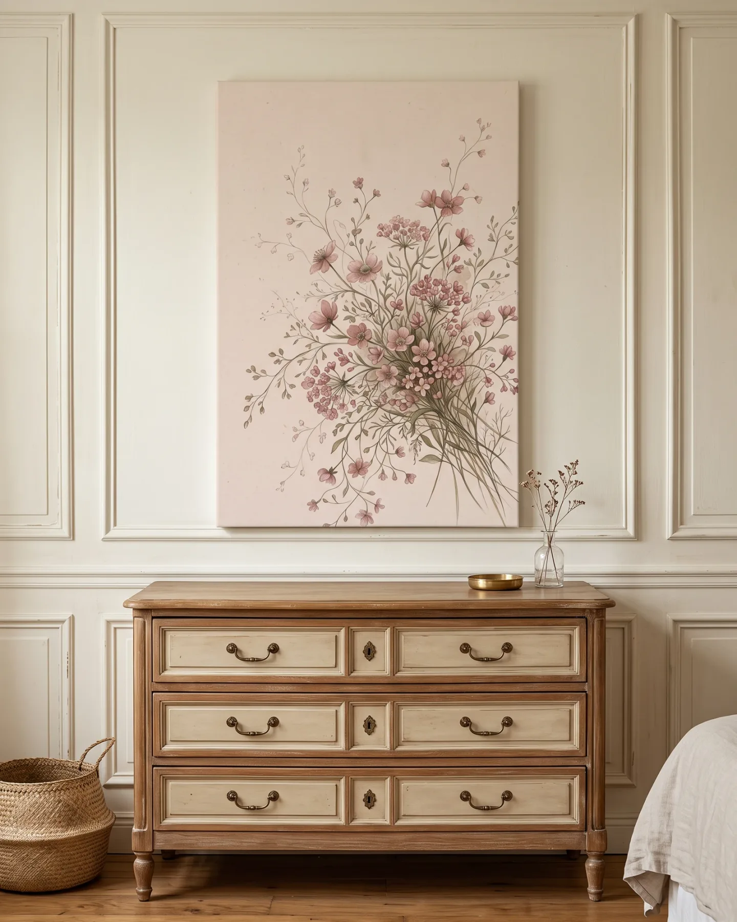 Leinwandbild – Staubrosa Wildblumen auf Pergamentbeige