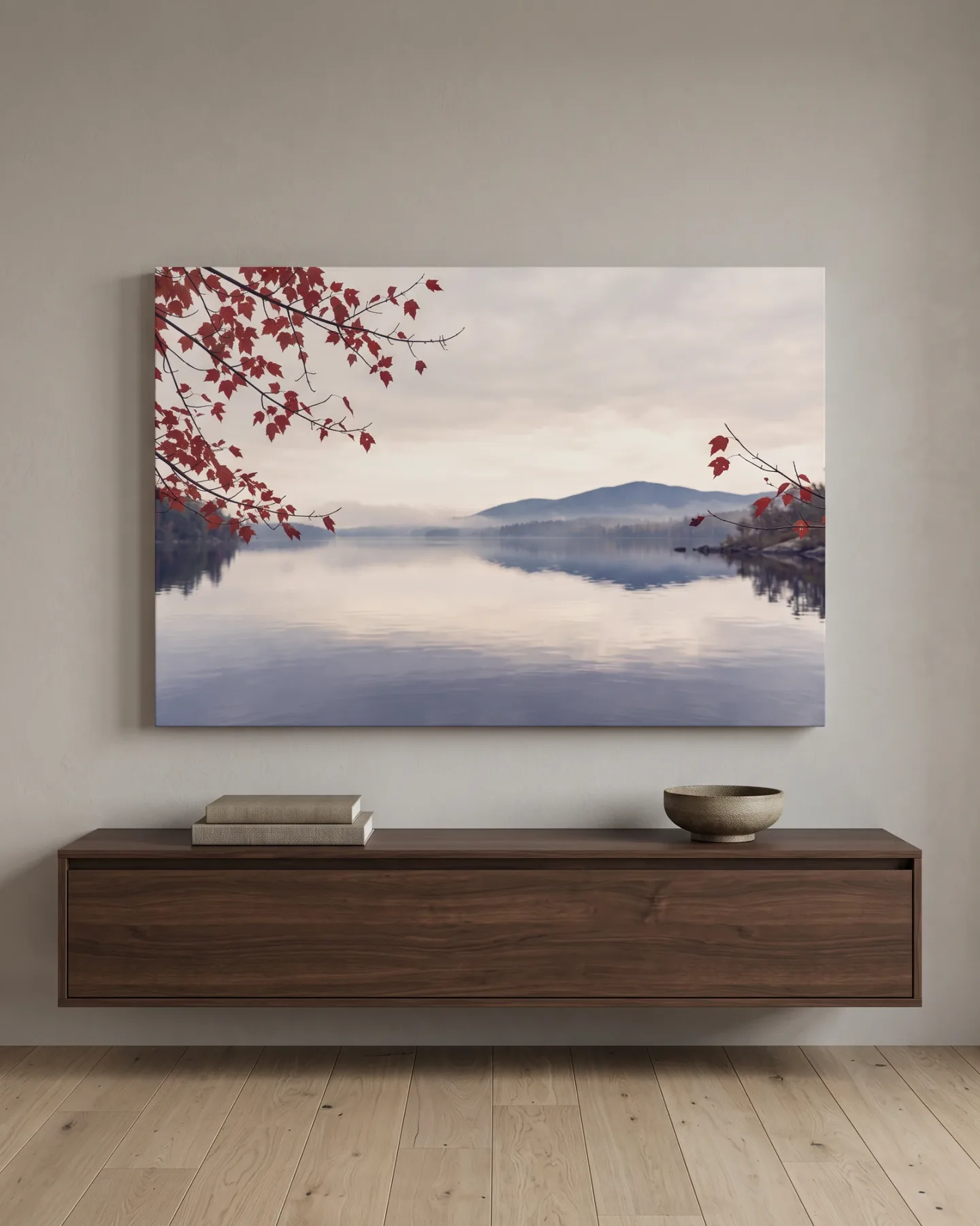 Canvas print – Quiet Lake with Red Autumn Leaves