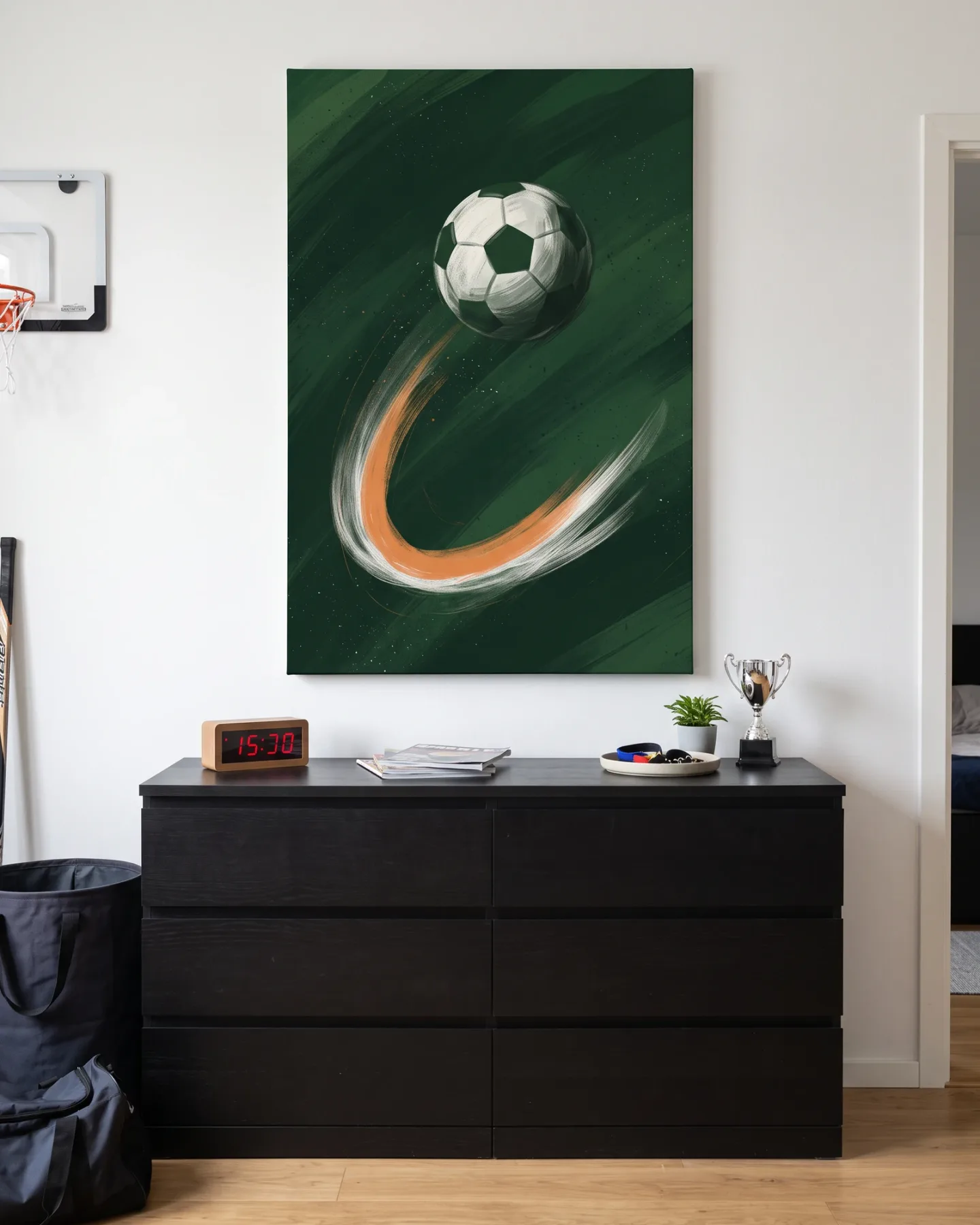 Leinwandbild – Fußball mit Bewegungsbahn
