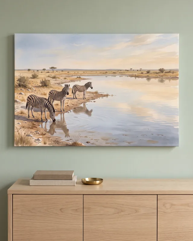 Leinwandbild – Zebras am Wasserloch