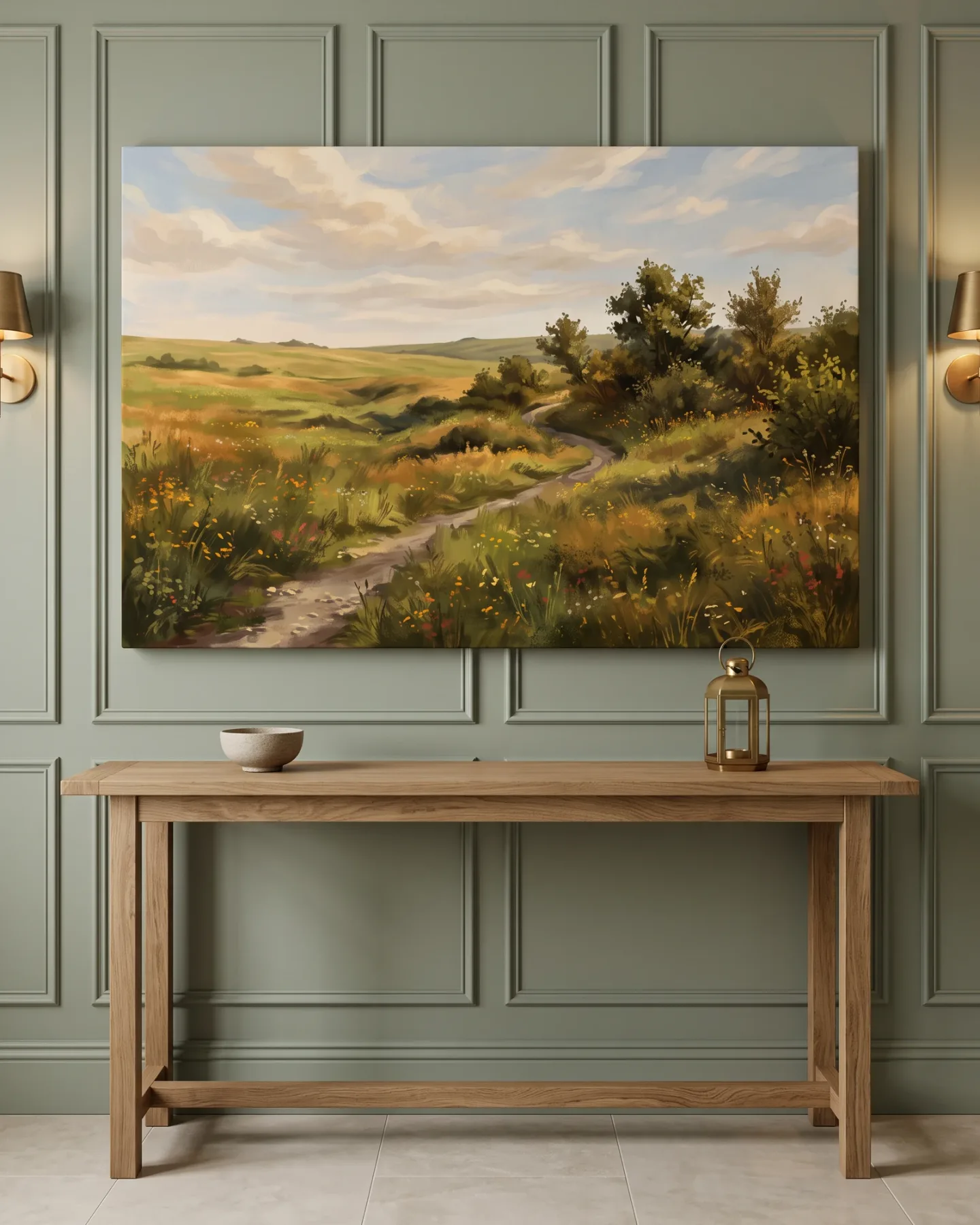 Leinwandbild – Sommerwiese mit bunten Blüten und Baumgruppe