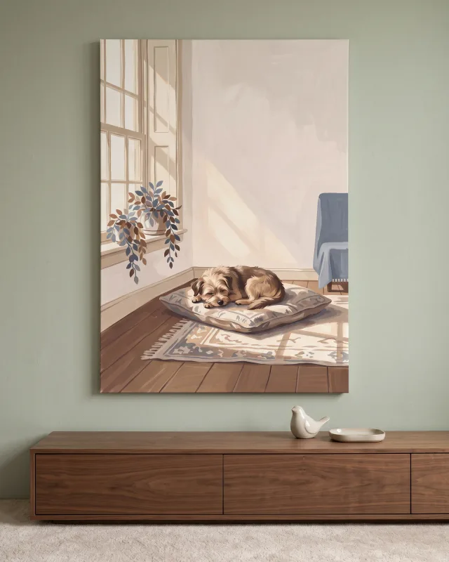 Leinwandbild – Schlafender Hund im sonnigen Fensterlicht