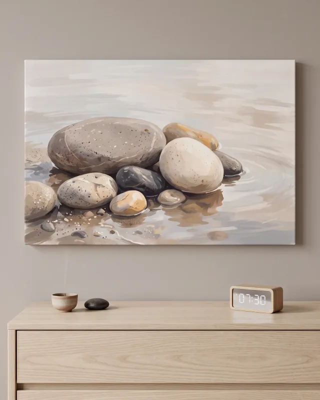 Leinwandbild – Steingruppe in sanften Wasserreflexen