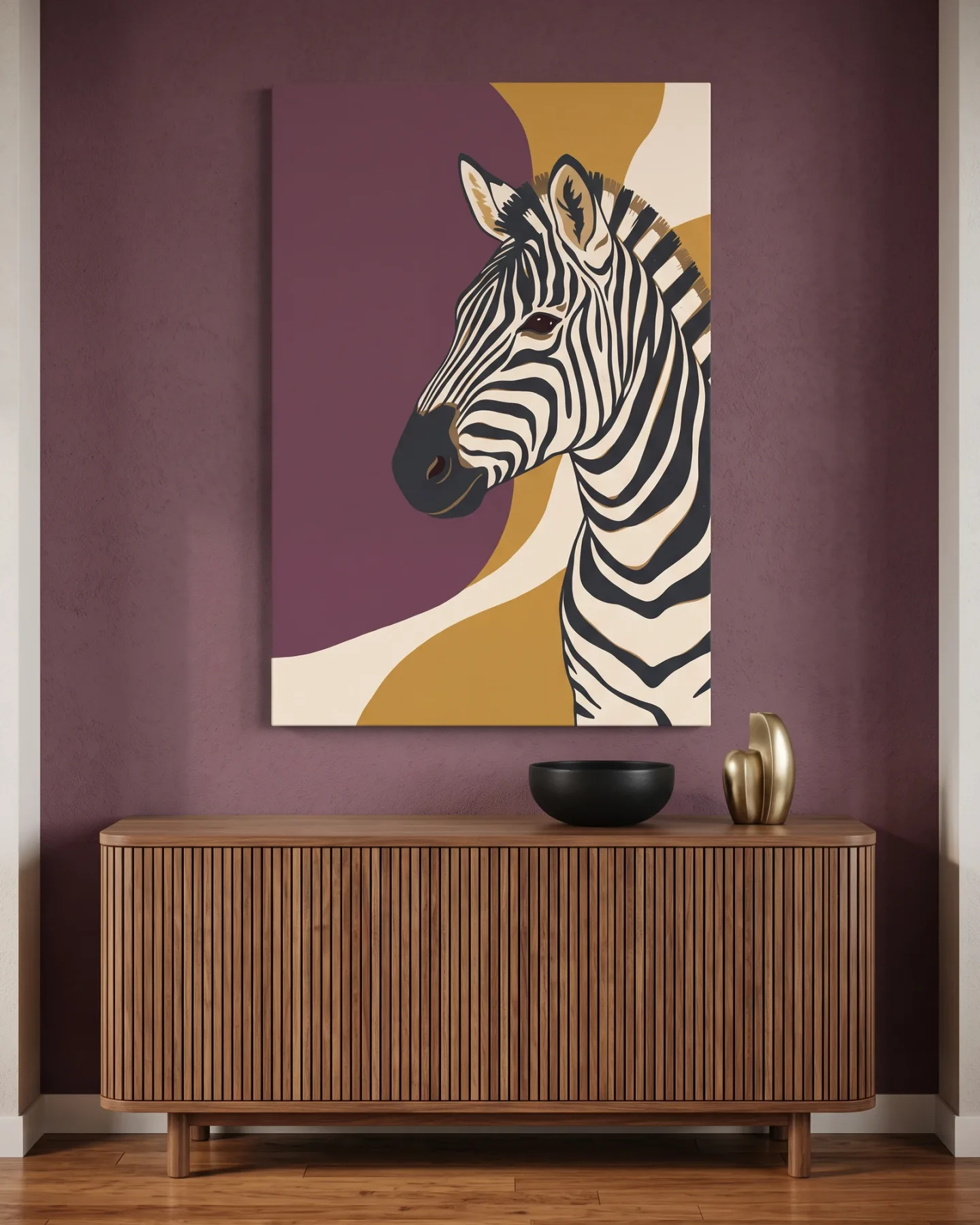 Leinwandbild – Zebraporträt in Creme, Pflaume und Ocker