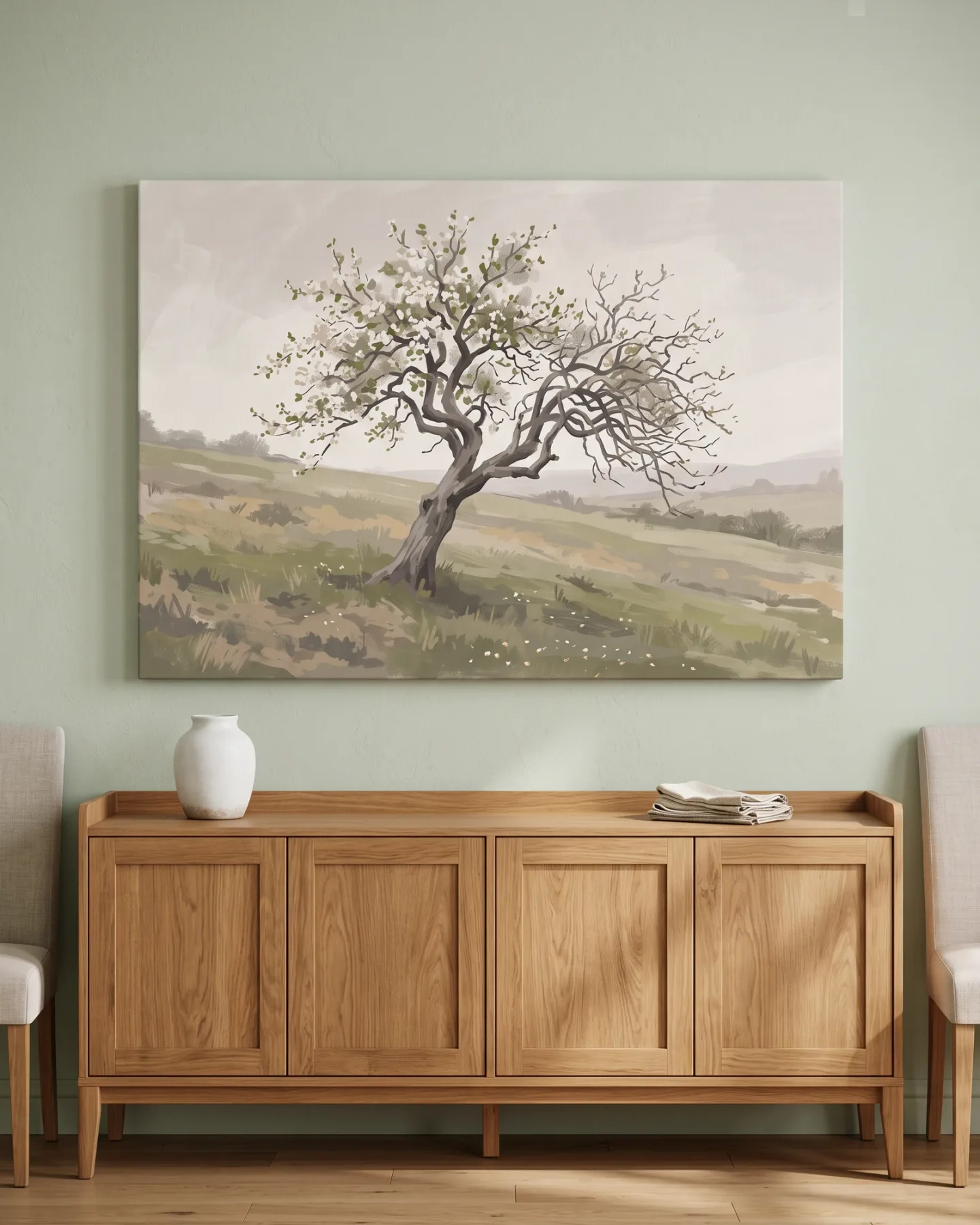 Leinwandbild – Blühender Baum in sanfter Hügellandschaft