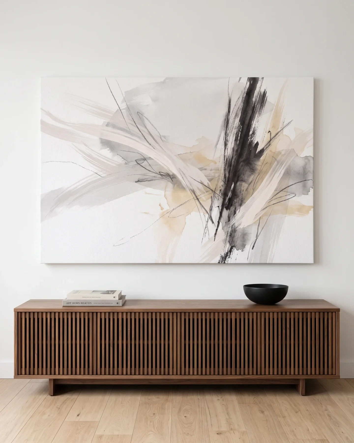 Leinwandbild – Abstrakte Pinselspuren in Schwarz und Beige