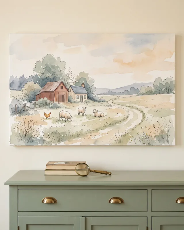 Leinwandbild – Aquarell einer Farm mit Schafen und Huhn