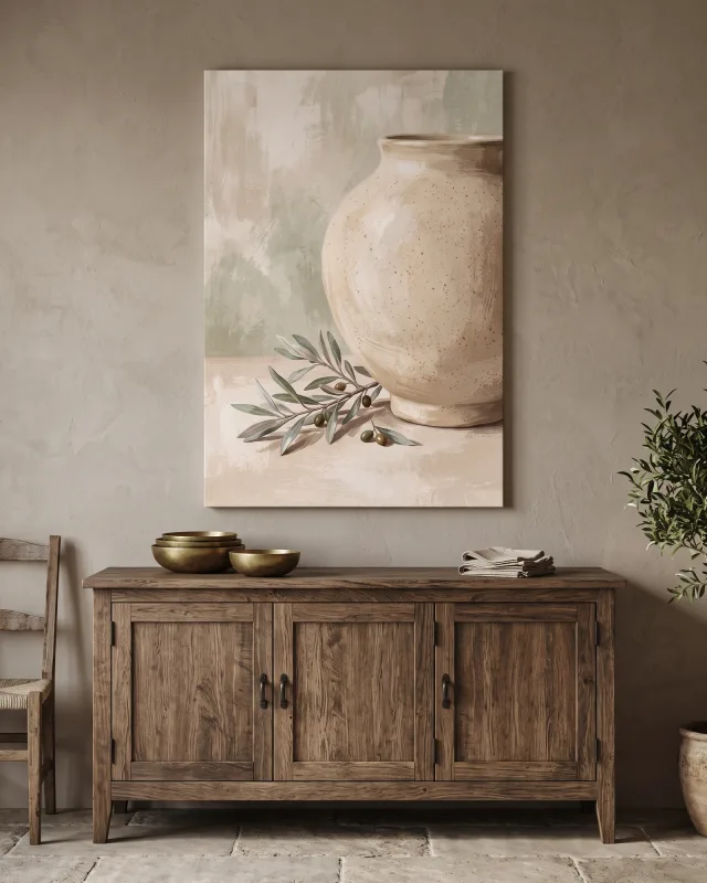 Leinwandbild – Gesprenkelte Vase mit silbrigem Olivenlaub