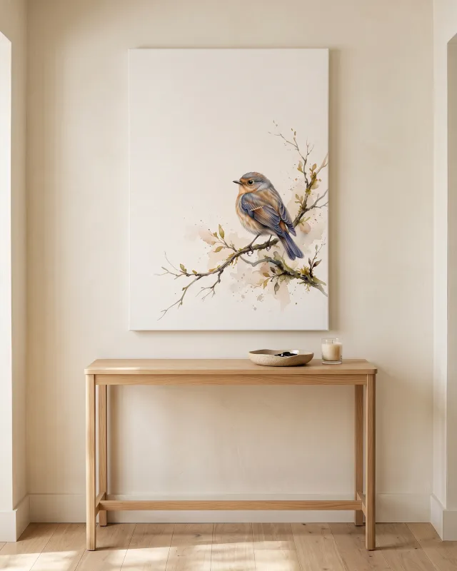 Leinwandbild – Blau-oranger Vogel im hellen Freiraum