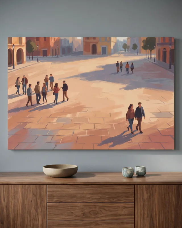 Leinwandbild – Spaziergänger auf einem sonnigen Stadtplatz
