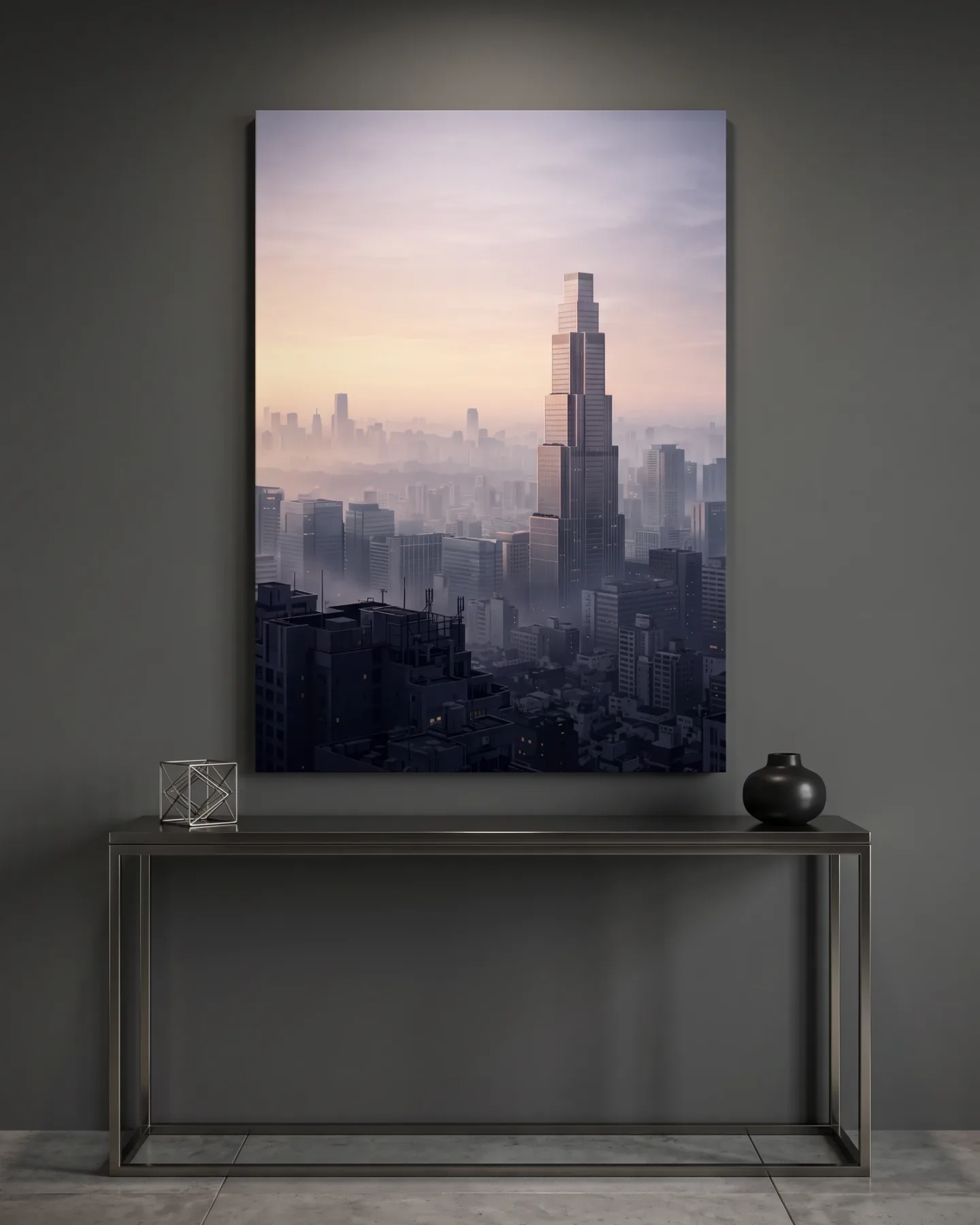 Leinwandbild – Hochhaus über einer Stadt im pastellfarbenen Dunst