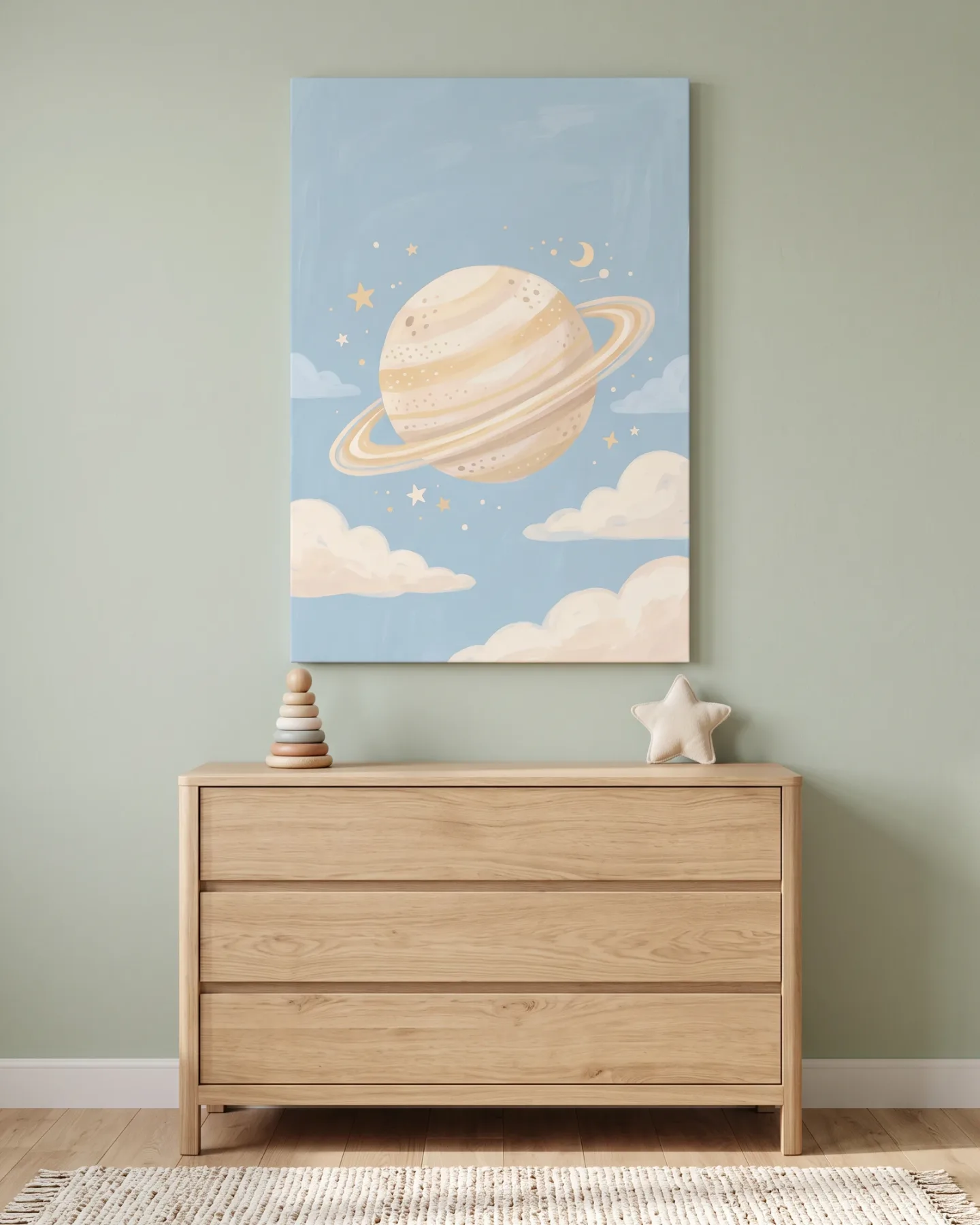 Leinwandbild – Heller Ringplanet zwischen Sternen und Wolken