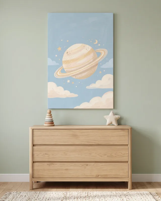 Leinwandbild – Heller Ringplanet zwischen Sternen und Wolken