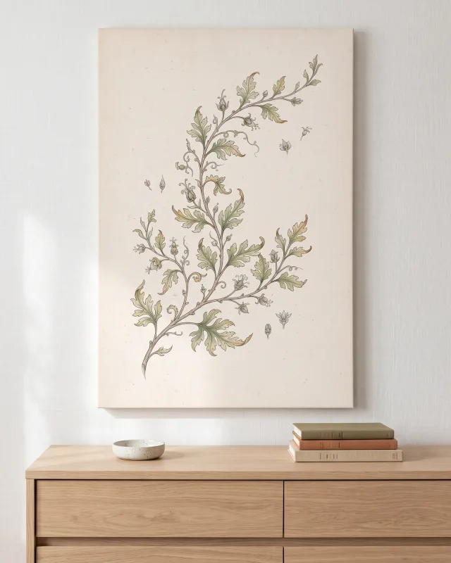 Leinwandbild – Geschwungene Ranke mit Blüten und Knospen