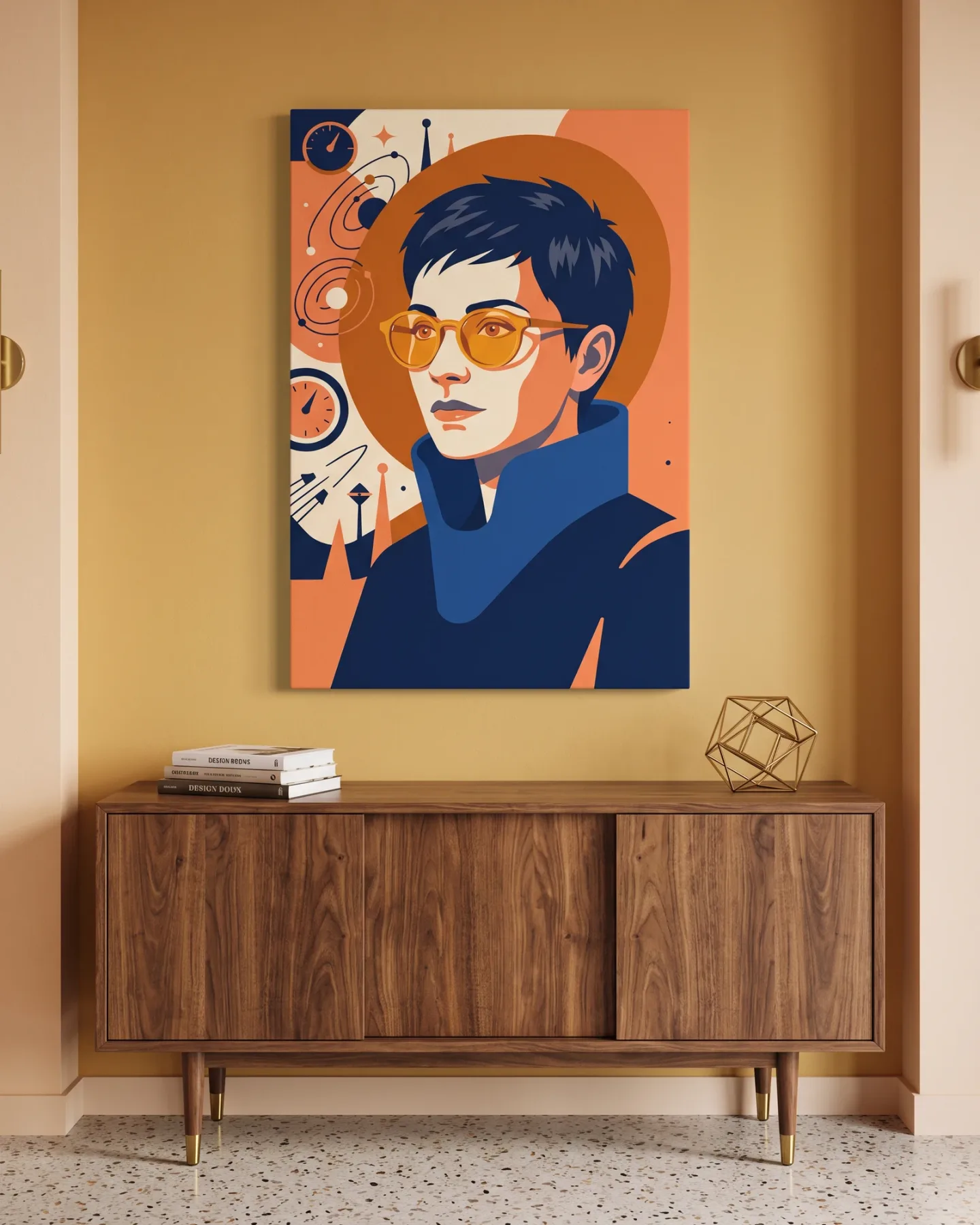 Canvas print – Stylized Portrait with Clock and Orbital Lines