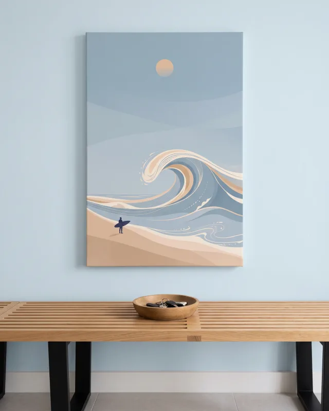 Leinwandbild – Kleine Surferfigur vor großer Pastellwelle