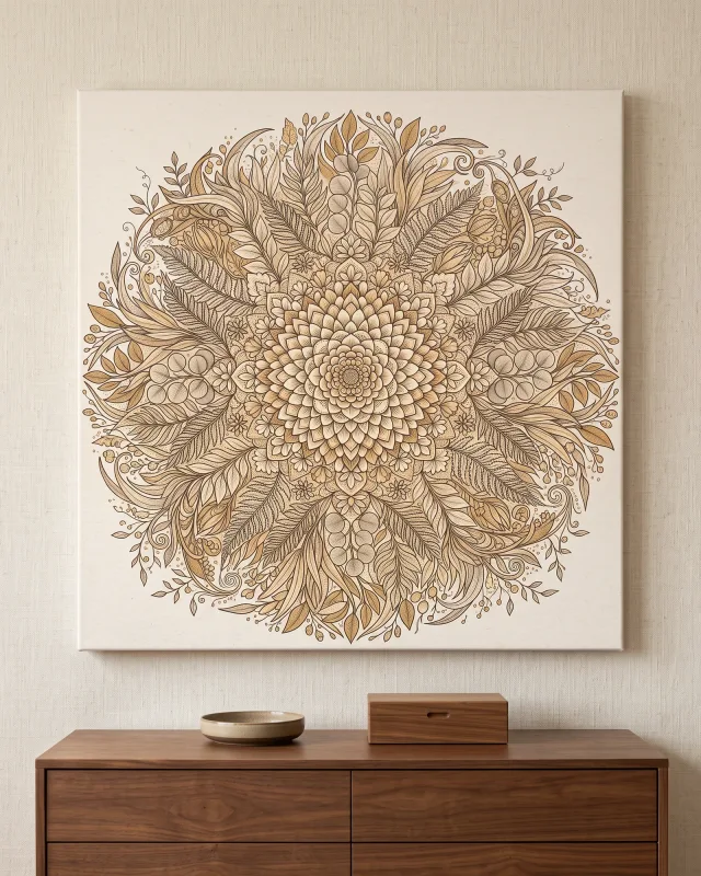 Leinwandbild – Rundes Farnmandala auf Creme