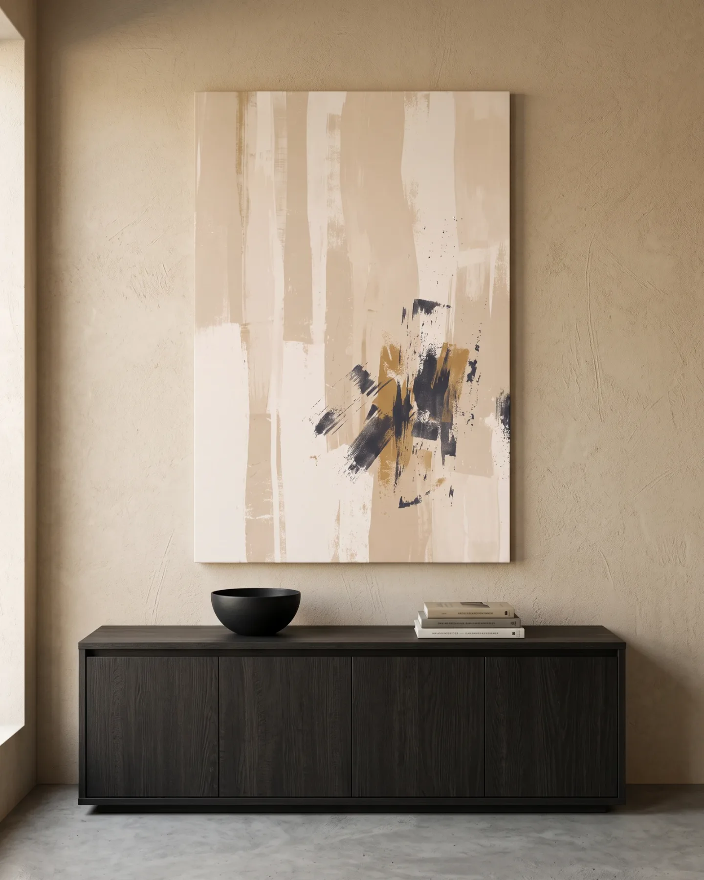 Leinwandbild – Abstrakte Pinselspuren in Beige, Ocker und Anthrazit