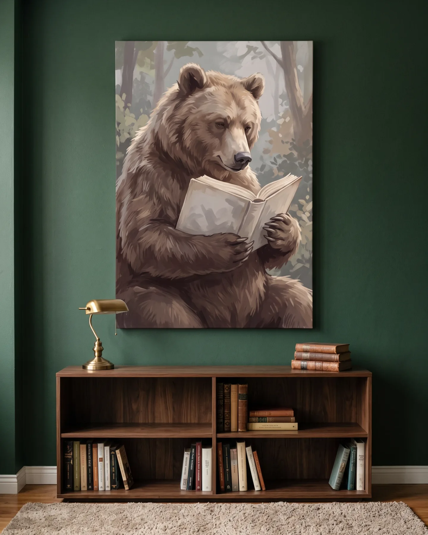 Leinwandbild – Bär liest ein Buch im Wald – Leinwandbild
