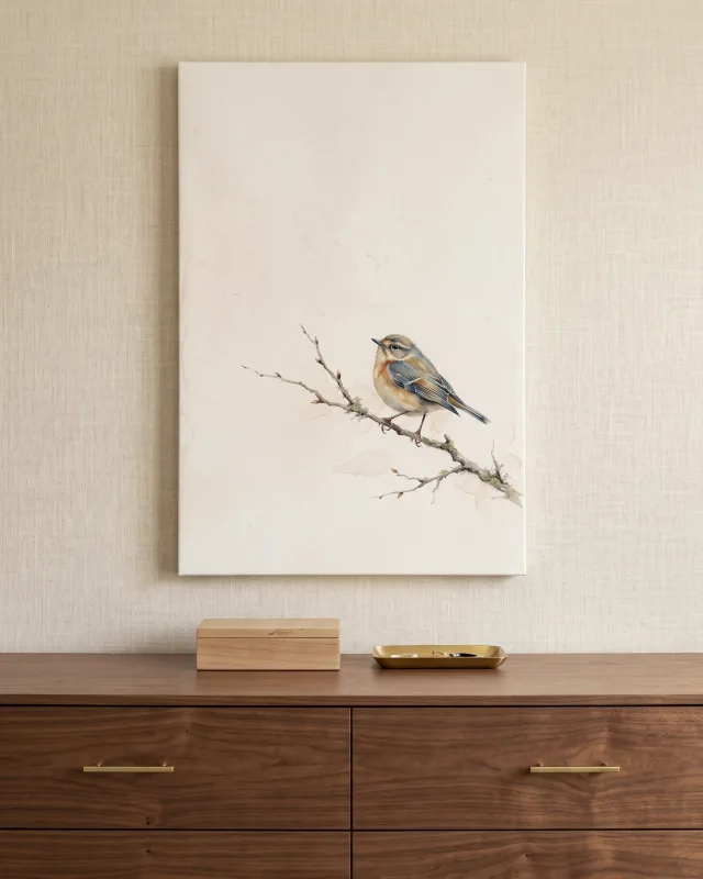 Leinwandbild – Bunter Vogel auf zart knospendem Zweig