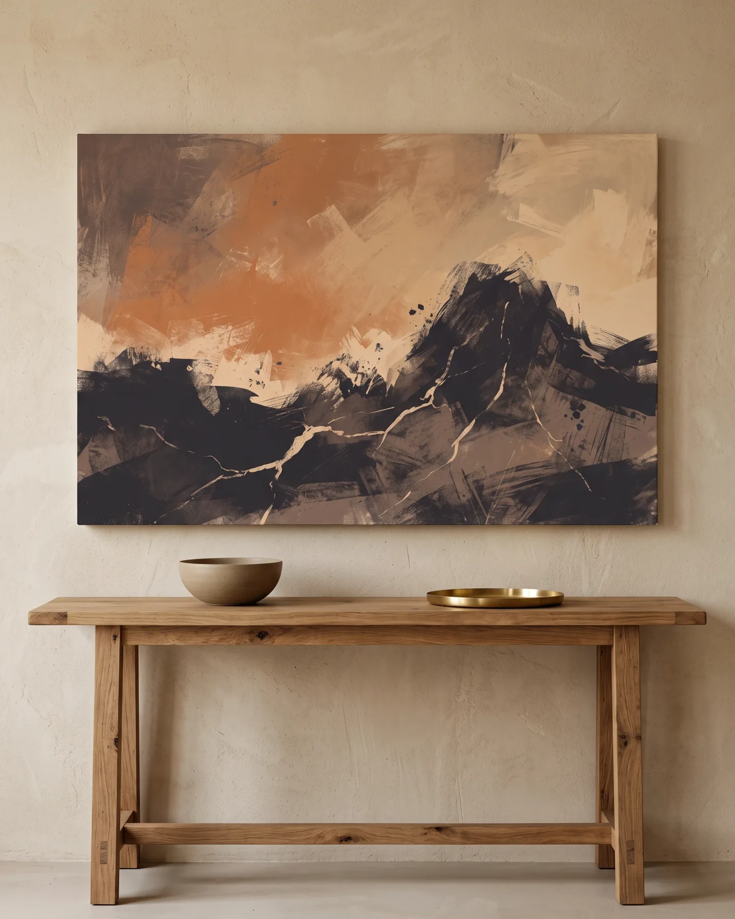 Leinwandbild – Abstrakte Berglandschaft in Ocker und Schwarz