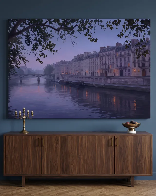Leinwandbild – Flussufer im violetten Abendlicht