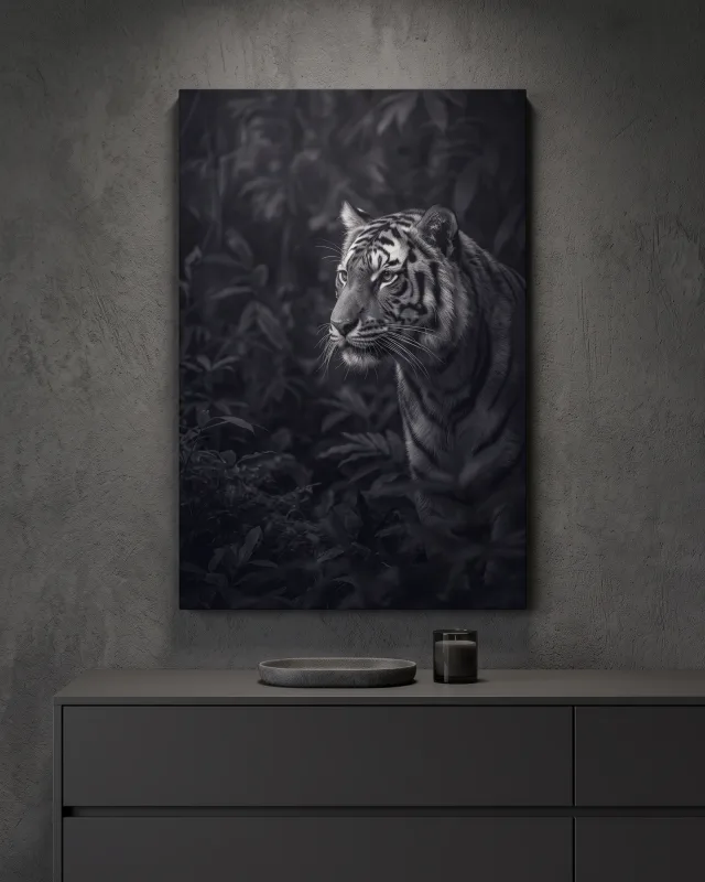 Leinwandbild – Tiger im dunklen Blätterwerk
