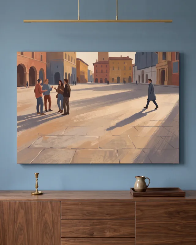 Leinwandbild – Begegnungen auf dem sonnigen Stadtplatz