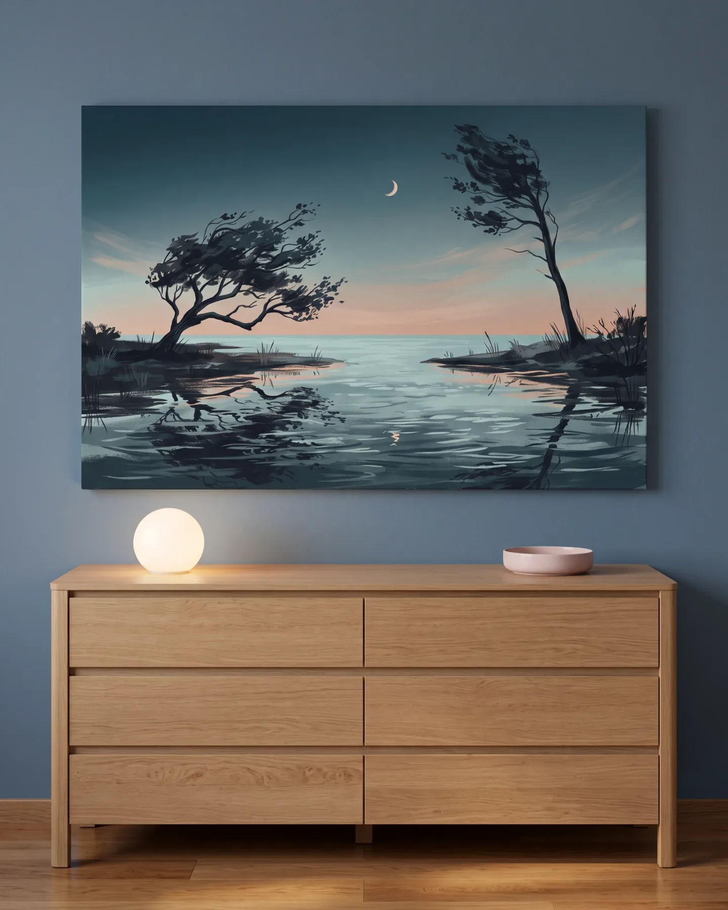 Leinwandbild – Uferlandschaft mit zwei Bäumen und Sichelmond