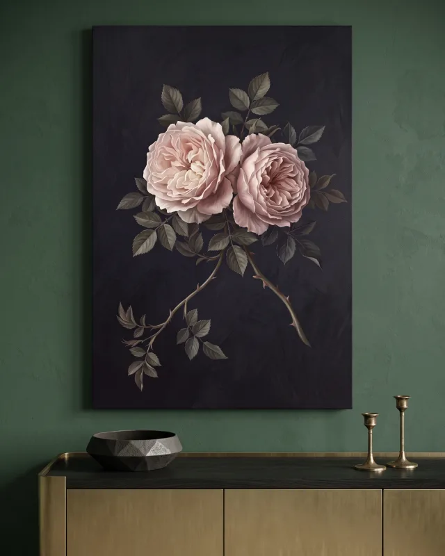 Leinwandbild – Gartenrosen über gekreuzten Dornenstielen