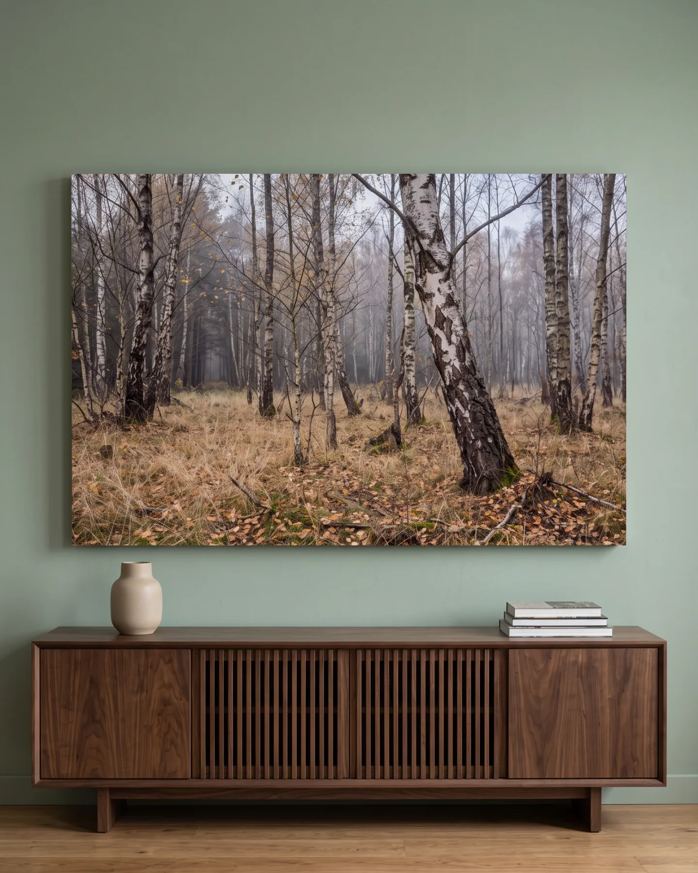 Leinwandbild – Nebelwald mit Birken und Herbstgras