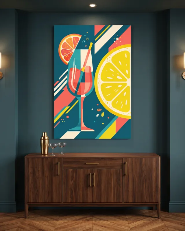 Leinwandbild – Zitrus-Cocktail in geometrischer Grafik