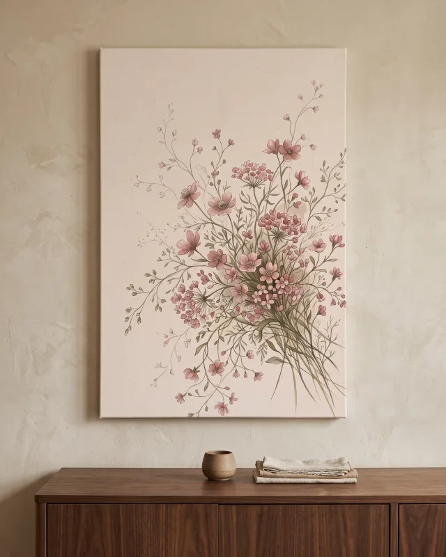 Leinwandbild – Staubrosa Wildblumen auf Pergamentbeige