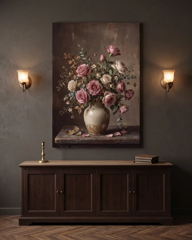 Leinwandbild – Rosen mit Eukalyptus in heller Keramikvase