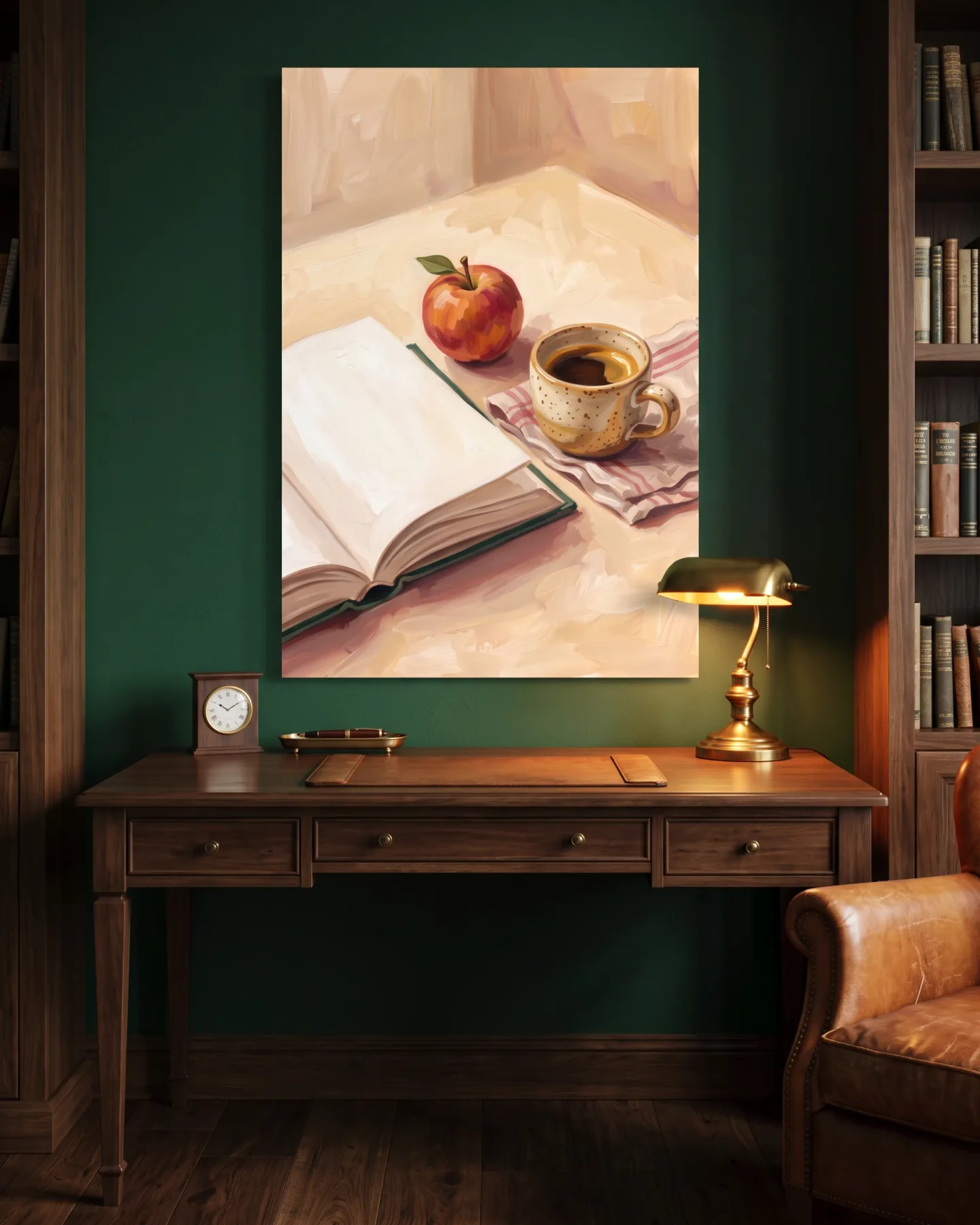 Leinwandbild – Kaffee auf gestreiftem Tuch mit Buch und Apfel