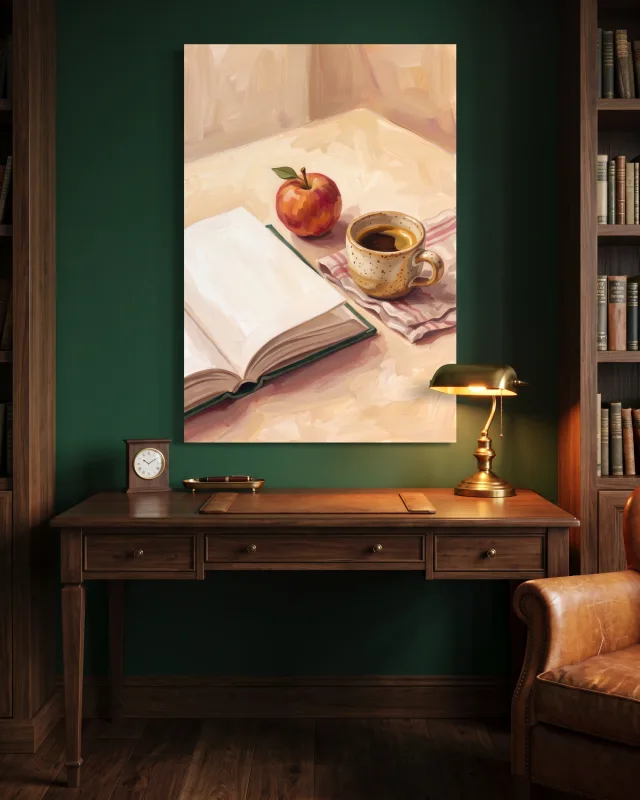 Leinwandbild – Kaffee auf gestreiftem Tuch mit Buch und Apfel
