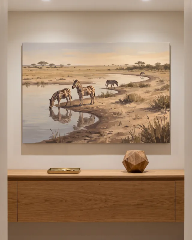 Leinwandbild – Zebras am Wasserloch