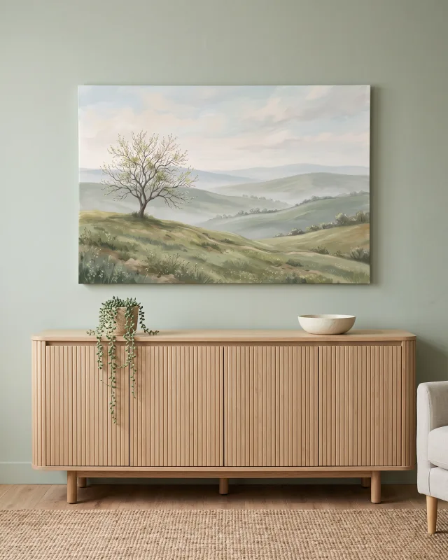 Canvas print – Blossoming Tree before Soft Misty Hills