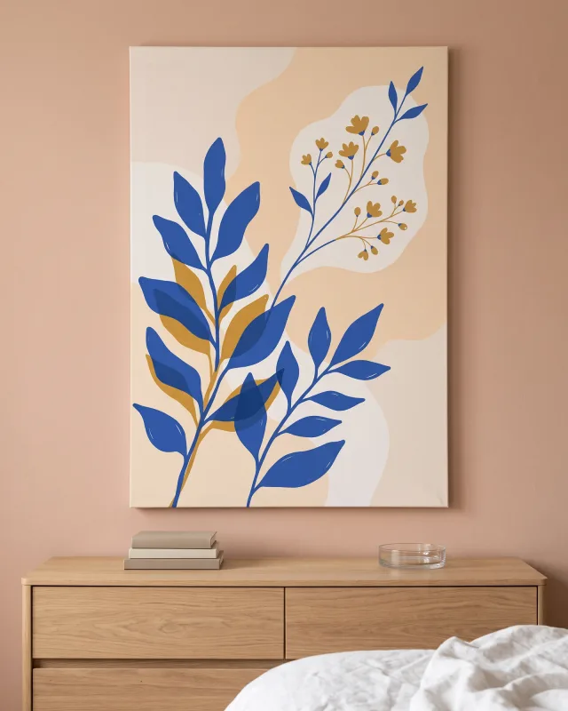 Canvas print – Blue Leaves and Ochre Blossoms