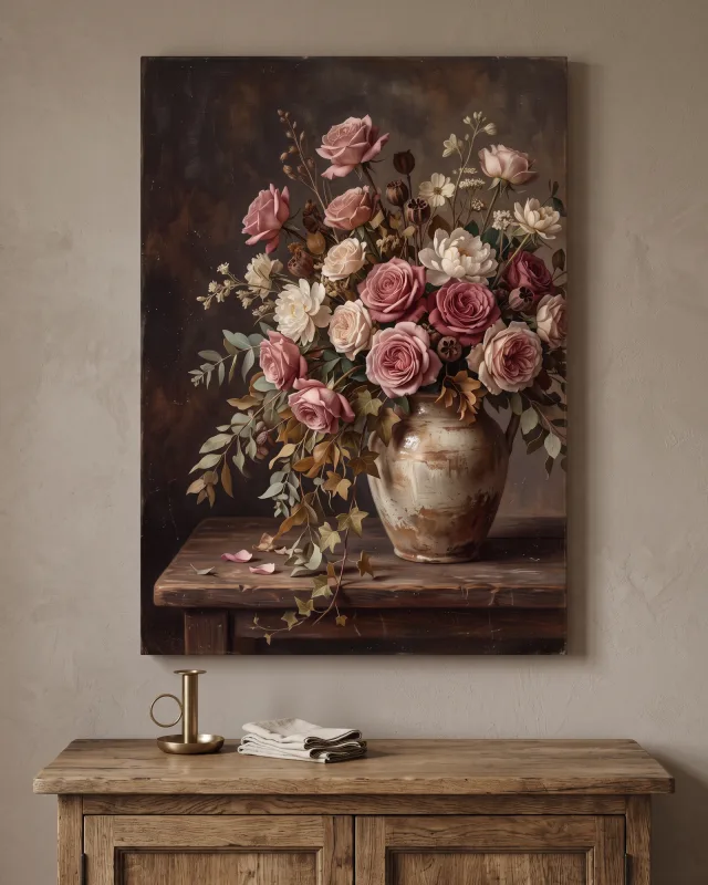 Canvas print – Roses and Ivy in a Dark Floral Still Life