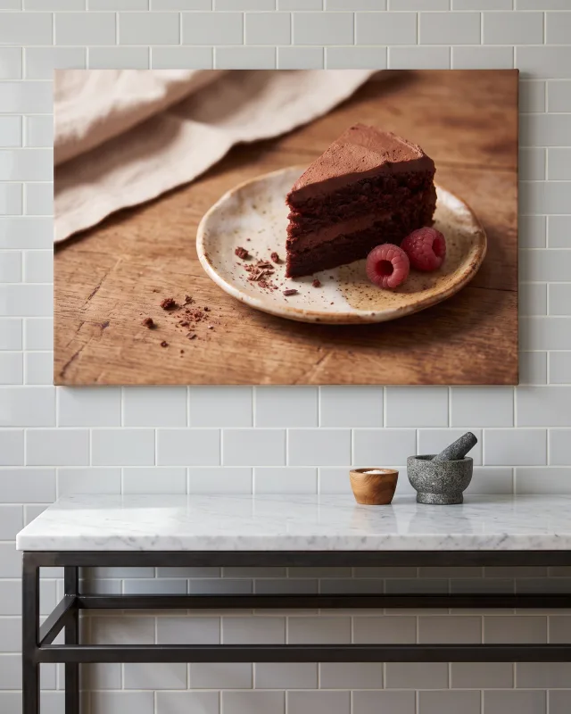 Leinwandbild – Schokoladenkuchen mit Himbeeren