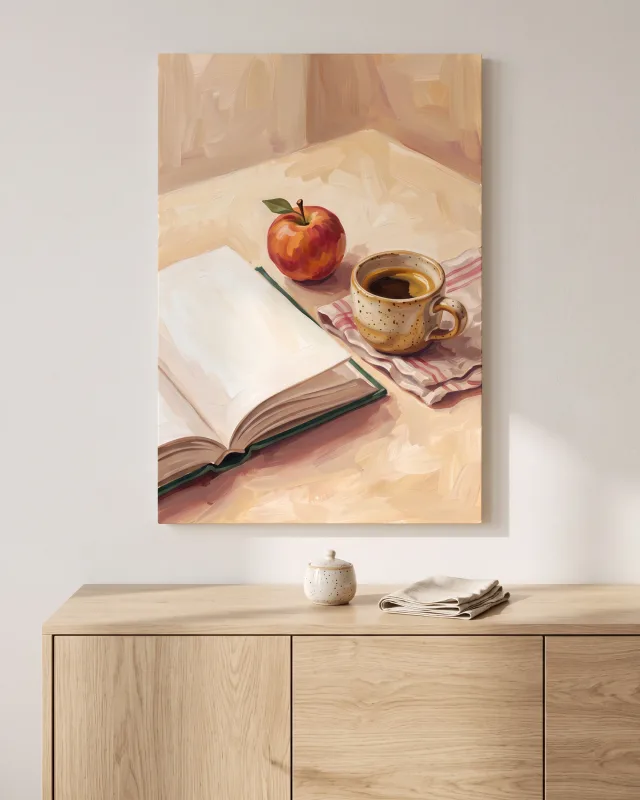 Leinwandbild – Kaffee auf gestreiftem Tuch mit Buch und Apfel
