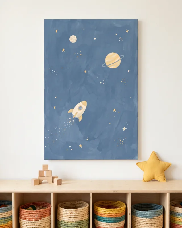Leinwandbild – Kleine Rakete zwischen Sternen und Ringen