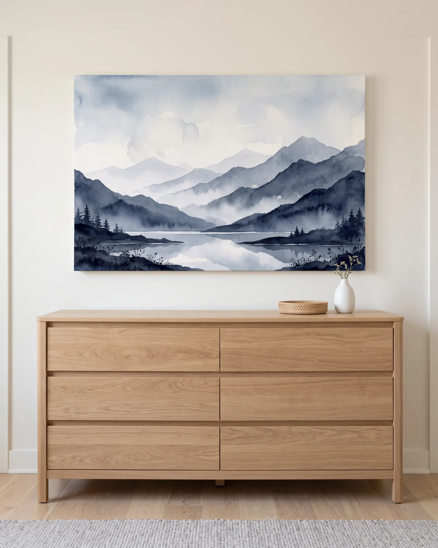 Canvas print – Misty Mountains between Dark Shoreline Plants